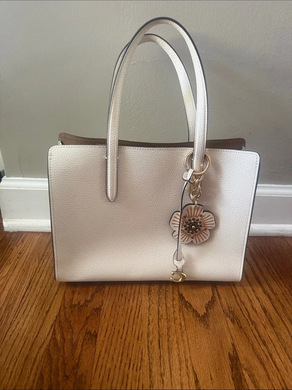 Coach White Pebbled Leather Satchel with Floral Charm